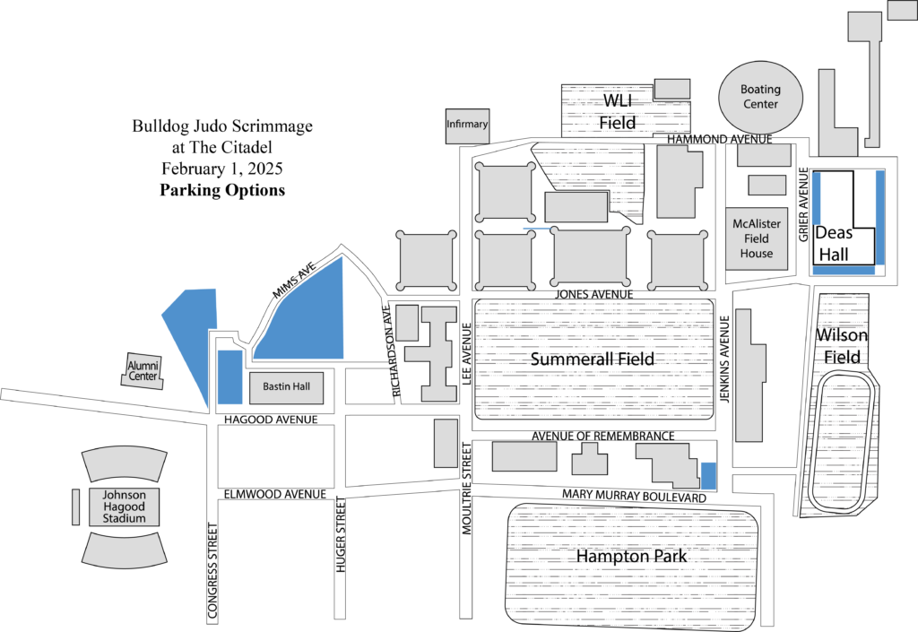 Campus map highlighting parking for events at Deas Hall.