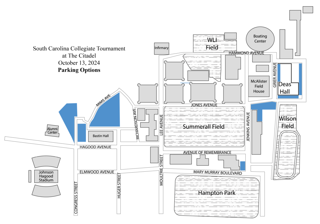 Campus map highlighting parking for events at Deas Hall.