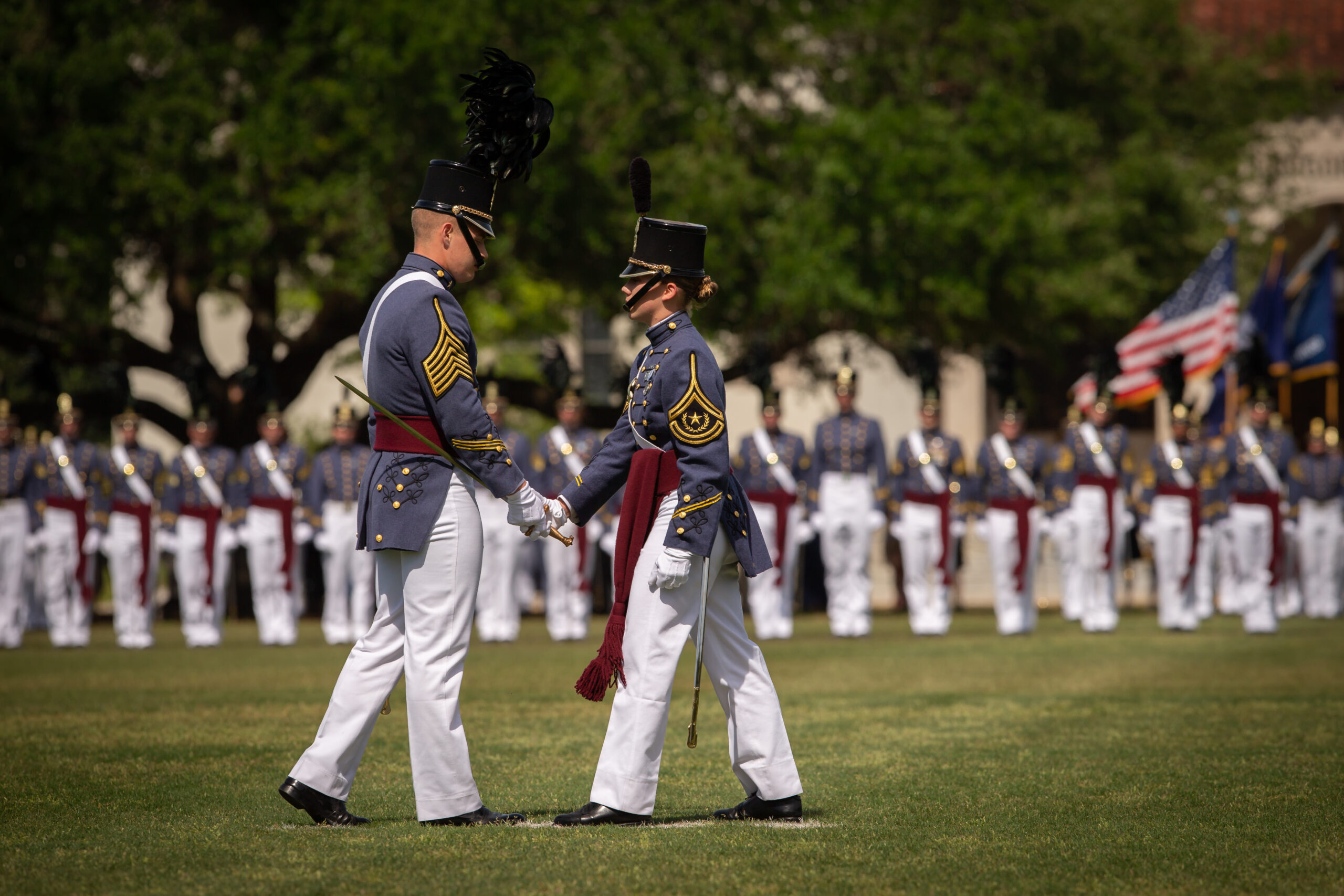 Louis Brems - The Citadel Reginmental Commander Dillion Graham, passes control over to Cadet Sarah Zorn, marking history at The Citadel. Zorn, is the first female Regimental Commander commanding the South Carolina Corps of Cadets for the 2018-2019 school year.